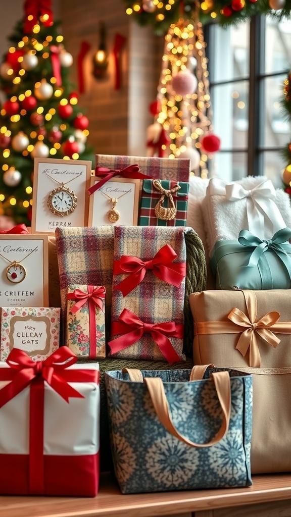 Creative Christmas Gift Exchange Ideas for Women A collection of Christmas gifts for women, beautifully wrapped and decorated, showcasing a variety of thoughtful ideas.